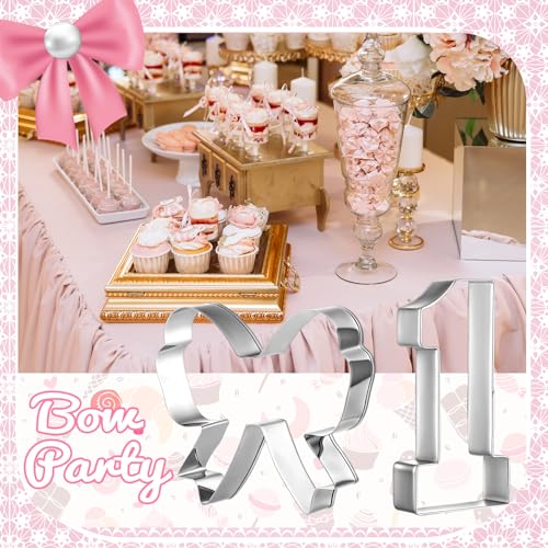 Pink Bow Birthday Party Supplies 2 Pcs 5 Inch Bow Cookie Cutter Number One Cookie Cutter Baking Mold Metal Sandwich Pancake Fondant Cake Mold First Birthday First Anniversary Wedding Party (Bow)