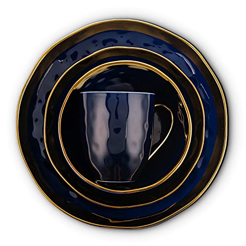 Porcelain 16 Piece Dinnerware Set (16-Pieces Service for 4 / Blue with Gold Rim)