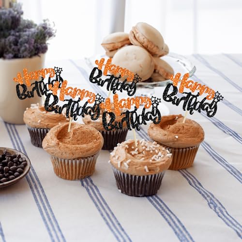 24Pcs Happy Birthday Cupcake Toppers Double Layer Glitter Happy Birthday Cake Decorations for Halloween Baby Shower Theme Anniversary Party Cake Decorations Supplies Black Orange (Style 1 / Black Orange)