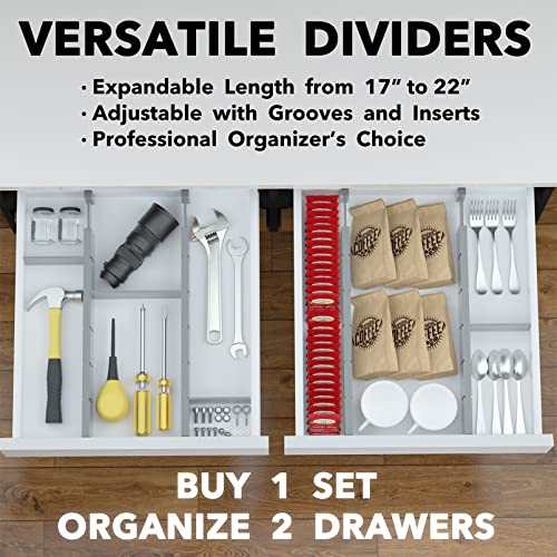 Bamboo Drawer Dividers with Inserts and Labels (2.35''H, 17''-22''L, 4 Dividers / GRAY)