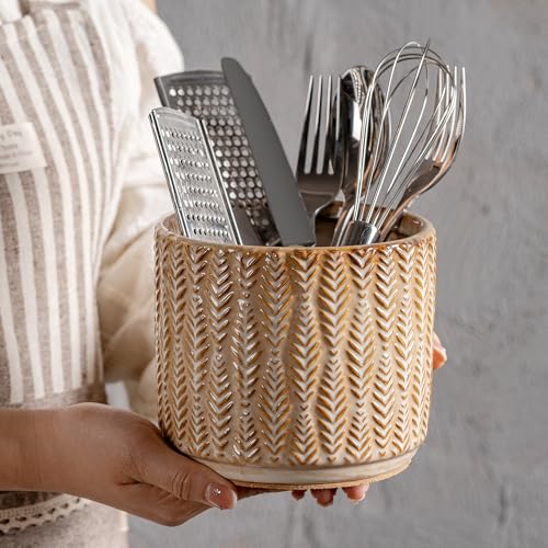 5.3 Inch Ceramic Utensil Crock Utensil Holder Countertop (Brown)