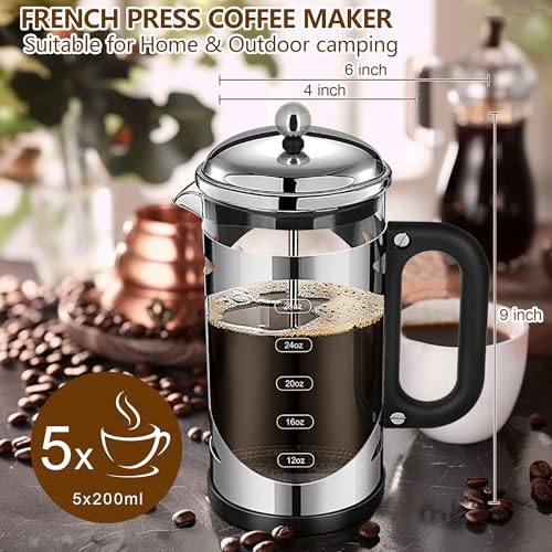 34 Ounce French Press Coffee Maker Chromium Stainless Steel Coffee Press (Silvery-R / 34 oz)