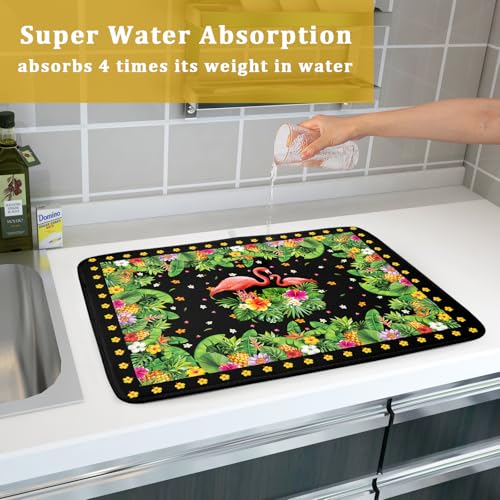 Tropical Flamingo Dish Drying Mat Palm Leaves Absorbent Dishes Drainer Pad Microfiber Dish Rack Mat for Kitchen Countertop Decor 18x24 Inch (Flamingo Leaves / 24" x 24")