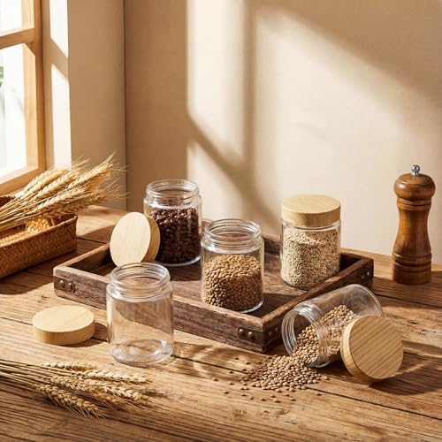 24 Pcs 6oz Glass Jars with Lids Empty Small Glass Containers and Inner Liners Reusable Cosmetic Jars Round Airtight Bottles with Plastic Wood Grain Lids for Travel (Natural Wood / 6 oz)