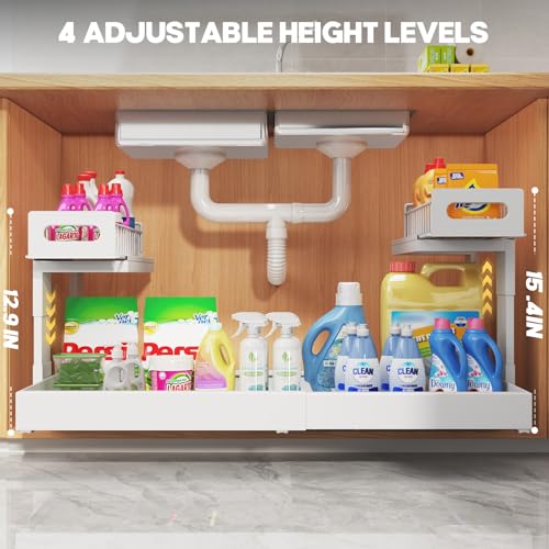 1 Pack-19"-32"W Expandable Under Sink Organizer With Upgrade Ball-Bearing Slide,2-Tier Pull Out Under Cabinet Organizer Height Adjustable,Not Suitable For Cabinets With Partitions In The Middle (1 Pack-19"-32"W / White)