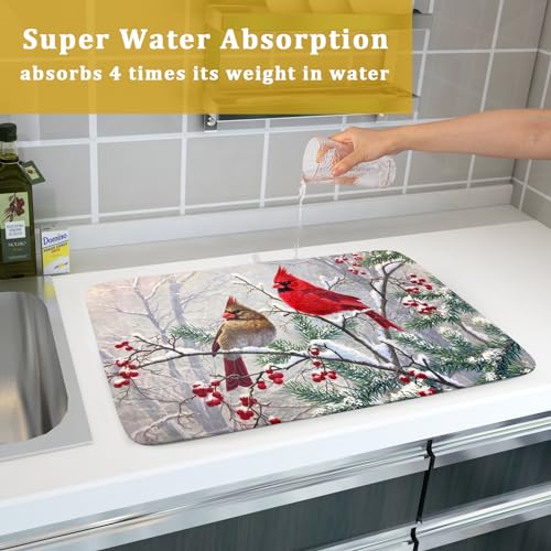 Red Bird Dish Drying Mat Merry Christmas Dishes Pad Absorbent Fast Dry Dish Drainer Mat Protector for Kitchen Counter 18 x 24 Inches (red bird / 18" x 24")