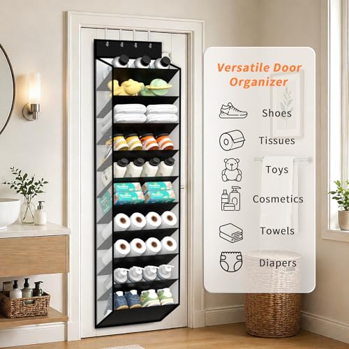 10 Tier Over Door Mesh Shoe Organizer with Large Deep Pockets (Piano White-1 Pack of 10)