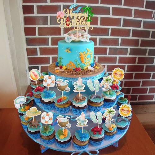 37Pcs Summer Beach Pool Cupcake Toppers Glitter Beach Happy Birthday Cake Topper Ball Sun Umbrella Water Gun Cupcake Picks for Tropical Hawaii Theme Birthday Party Decorations Supplies Gold (Gold 3)