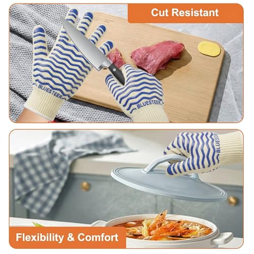 Oven Gloves 932°F Heat Resistant Oven Mitts with Fingers (White-blue / One Size Fits Most)