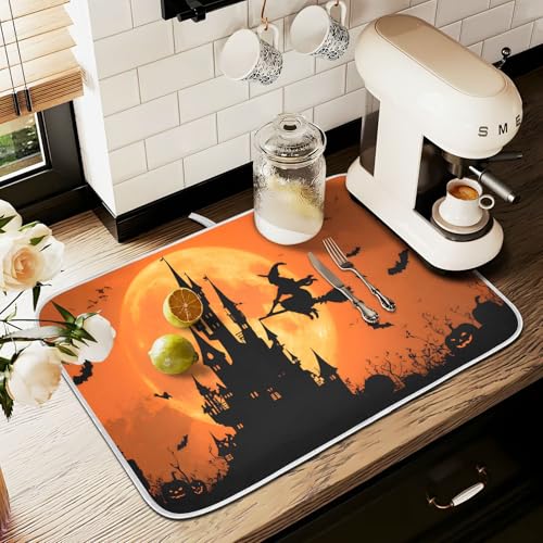 Halloween Witch Bat Castle Pumpkin Dish Drying Mat for Kitchen Counter Absorbent Microfiber Small Drying Pad Dish Mats for Kitchen Countertops 16 x 18 Inch (18" x 16")