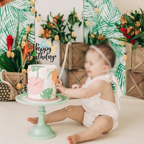 1Pcs Summer Cake Topper Glitter Tree Flower Happy Birthday Cake Pick Decoration for Tropical Hawaiian Luau Theme Baby Shower Kids Birthday Party Cake Decorations Supplies Black (Black 4)