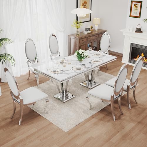 7 Piece Luxury Dining Room Set (Silver White + White / Dining Table + 6 Oval Chairs)