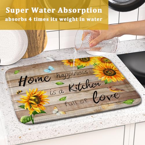 Sunflower Floral Dish Drying Mat for Kitchen Countertop 16x18 inch Rustic Wood Washable Microfiber Absorbent Dishes Drainer Rack Pad (Sunflower Wood Home / 16" x 18")