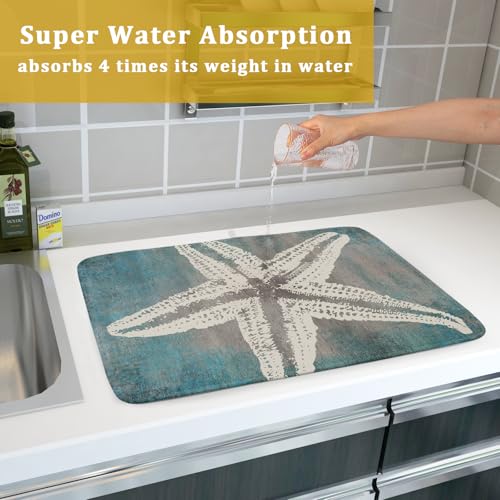 Vintage Starfish Dish Drying Mat Coastal Beachy Nautical Drainer Rack Mat 18"x24" Absorbent Washable Dish Dry Pad for Kitchen Counter Sink (Vintage Starfish / 24" x 24")
