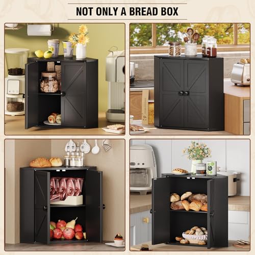 Corner Bread Box for Kitchen Counter Double Layer Bamboo Bread Storage Container Large Capacity Bread Storage Bin Farmhouse Breadbox Organizer (Black)