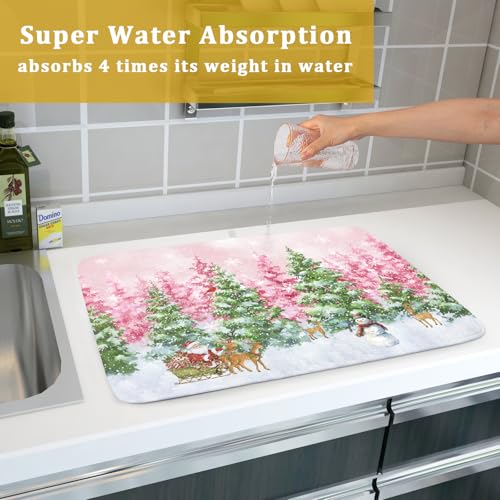 Winter Dish Drying Mat for Kitchen Counter Holiday Home Decoration Large (Winter Forest Colorful / 24" x 18")