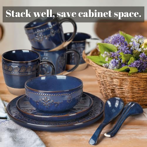 4 Piece Handcrafted Ceramic Dinnerware Set (Damask Floral (4 Pieces) (Blue))