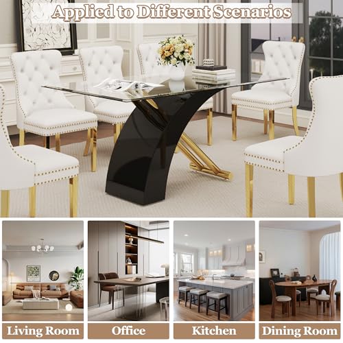 7 Piece Glass Dining Table Set for 6 (Black Table & Gold White Chair / 7-Piece Set-X-Shaped Table)