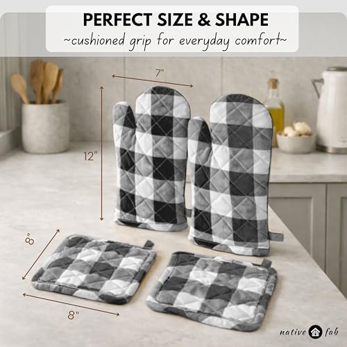 Buffalo Plaid Check Oven Mitts and Pot Holders Set of 4 (Buffalo, Dark Grey)