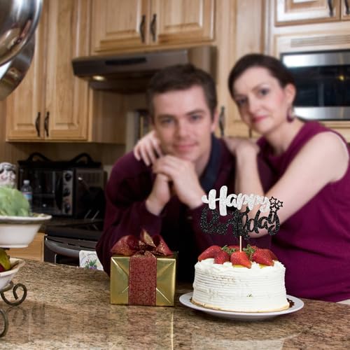 1Pcs Happy Birthday Cake Topper Glitter Cake Pick for Celebrating Anniversary Theme Party Cake Decorations Supplies Black and Silver (Style 2 / Black Silver)