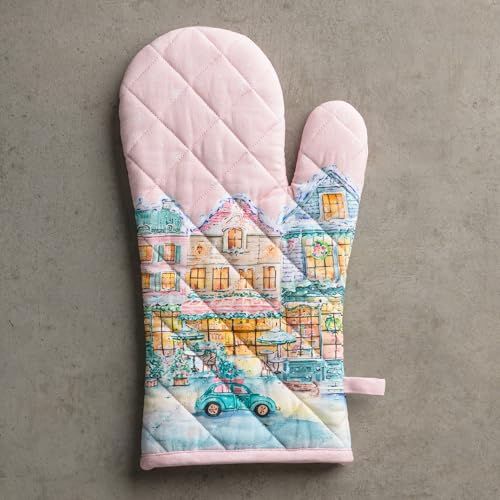 Maison d'Hermine Oven Gloves 100% Cotton Oven Mitt (124 - Christmas Market - Pink / 7.5" x 13" (Oven Mitt))