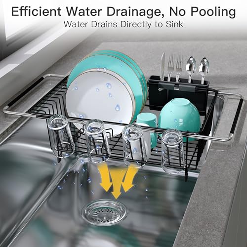 Black Dish Drying Rack in Sink with Drainboard and Utensil Holder (Black / For 12"-30"w Sink, with Drainboard)