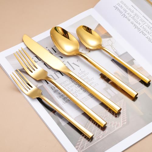 Mirror Silverware Set Gold Flatware Set with Hexagon Handle 20 Pieces 18 (Gold Mirror)