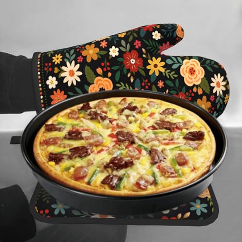 Boho Floral Oven Mitts and Pot Holder Set of 2 Colorful Flower Heat Resistant Hot Pads Non Slip Washable for Kitchen Cooking Grilling BBQ (Black Floral)