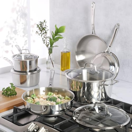 Kitchen Essentials Chef's Deck 10 Piece Stainless Steel Non Toxic Pots and Pans Kitchen Cookware Set w (Stainless Steel / 10-Piece Cookware Set)