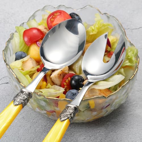 2 piece Salad Servers Stainless Steel Salad Serving Set Salad Fork and Spoon (Yellow)