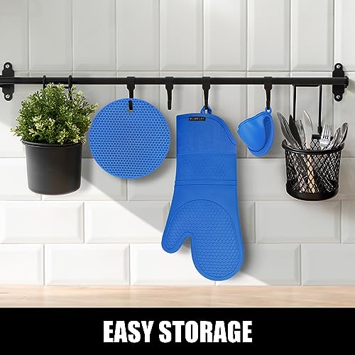 Silicone Oven Mitts and Pot Holders Sets (Blue)