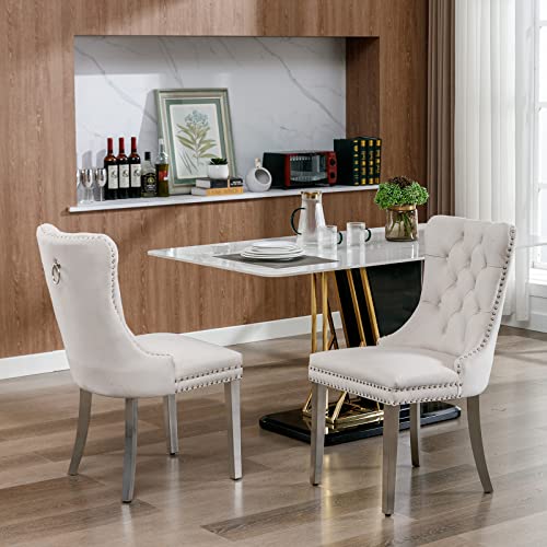 Beige Velvet Dining Chairs Set of 2 (Natural Beige)