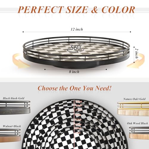 12 Inch Black and White Checkerboard Lazy Susan with Oak Wood Base (Black & White / 12 inches)
