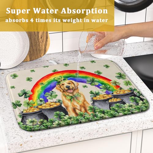 St Patricks Day Drying Mat Samll Lucky Clovers Green Kitchen Decor Counter Mats for Dog Lover (Green Lucky Gog / 18" x 16")