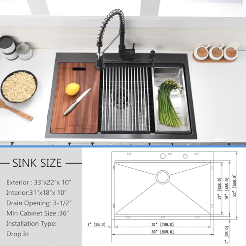 33 Inch Black Drop In Kitchen Sink (33"L x 22"W x 10"D / Black)