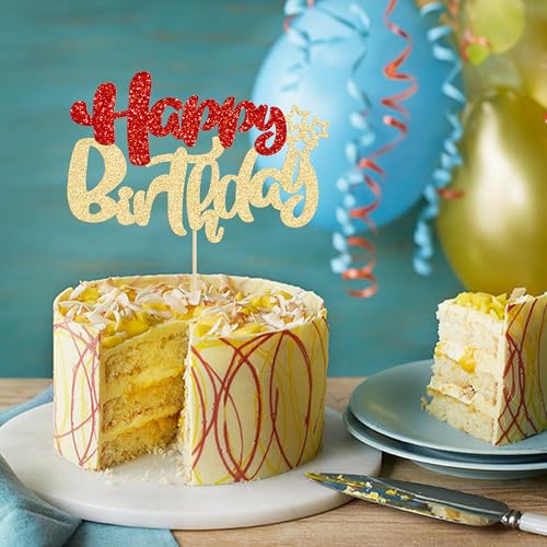 1Pcs Happy Birthday Cake Topper Glitter Happy Birthday Cake Pick for Christmas Theme Baby Shower Anniversary Party Decorations Supplies Red Gold (Style 2 / Red Gold)