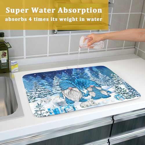 Winter Blue Gnome Dish Drying Mat for Kitchen Counter Pine Tree Microfiber Dish Pad Absorbent Reversible Fast Dry Draining Mats 18x24 Inch (Blue Winter Gnome / 18" x 24")
