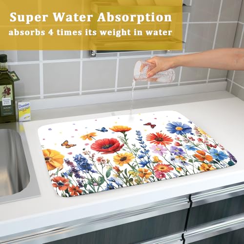 Watercolor Flower Dish Drying Mat 18x24 Inch Floral Butterfly Dish Drainer Protector Pad Washable Reversible Kitchen Counter Dish Dry Pad (Watercolor Flower / 18" x 24")