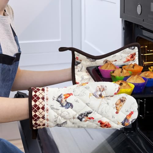 Farmhouse Rooster Oven Mitts and Pot Holders Set (Roosters / Oven Mitt x1 & Pot Holder x1)