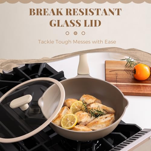 Nonstick Deep Frying Pan with Glass Lid (12 Inch / Natural Linen)