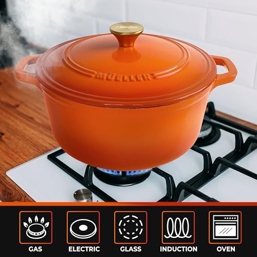 MUELLER HOME 6 Quart Enameled Cast Iron Dutch Oven for Bread Baking (6 Quart -Round / Orange)