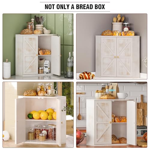 Corner Bread Box for Kitchen Counter Double Layer Bamboo Bread Storage Container Large Capacity Bread Storage Bin Farmhouse Breadbox Organizer (Antique White)