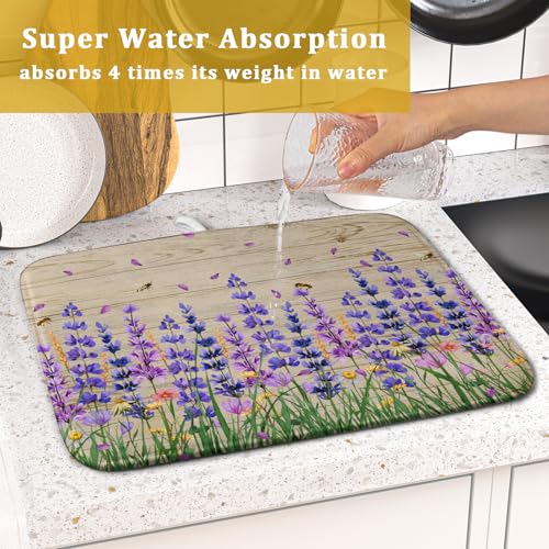 Lavender Floral Dish Drying Mat 16x18 inch Spring Summer Flower Decorative Fast Dry Dishes Drainer Mats Reversible Washable Dish Rack Pad (Lavender Floral / 16" x 18")