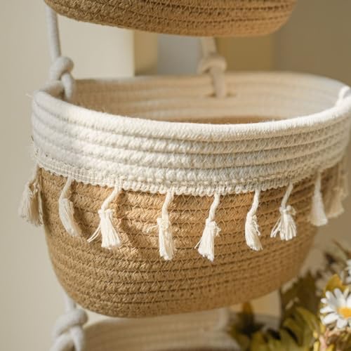 3 Tier Cotton Rope Baskets with Tassels Over the Door Wall Hanging Baskets for Nursery (Jute+White / 3 tier+Tassels)