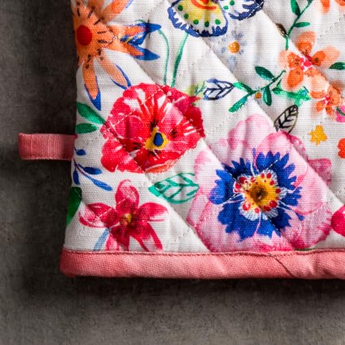 100% Cotton Oven Mitt & Pot Holder Set (052 - Happy Florals - High Summer / 7.5" x 13" & 8" x 8" (Oven Mitt & Pot Holder))