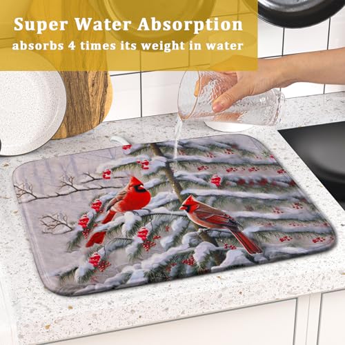 Red Birds Dish Drying Mat Winter Berry Dish Drainer Mats Absorbent Reversible Microfiber Kitchen Countertop Protector Dishes Pad 16x18 inch (Winter Red Bird / 16" x 18")