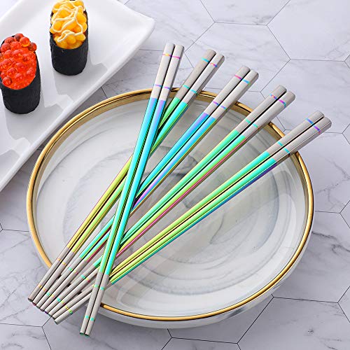 5 Pair Stainless Steel Metal Reusable Rainbow Chinese Square Chopsticks (nice rainbow)