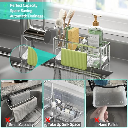 Sponge Holder for Kitchen Sink (Silver-Sloping / with Dishcloth Holder)