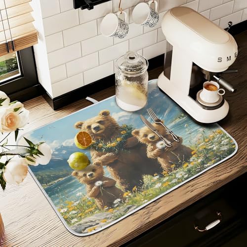 Three Bear Dish Drying Mat for Kitchen Ccounter Absorbent Microfiber Small Drying Pad Dandelion Wildflowers Dish Mats for Kitchen Countertops 16 x 18 Inch (18" x 16")
