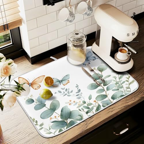Spring Eucalyptus Green Leaf Dish Drying Mat for Kitchen Counter Absorbent Microfiber Small Drying Pad Dish mats for Kitchen Countertops 16 x 18 Inch (Green Leaf / 18" x 16")